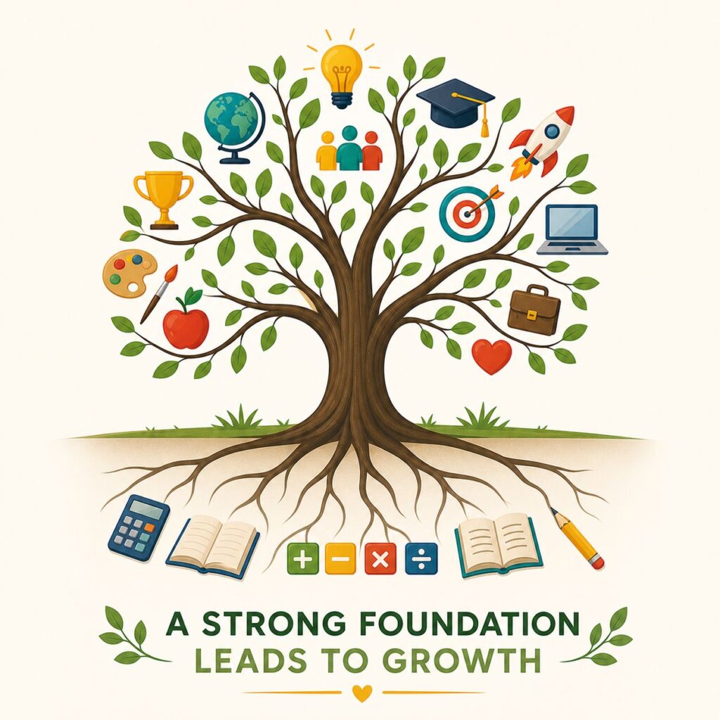 Mathematical and numeracy symbols representing a strong foundation, leading to growth through remedial math.